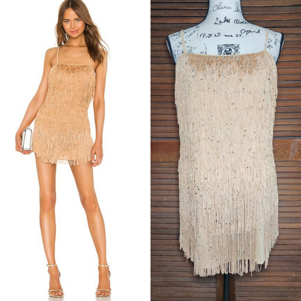 NBD Sunrise Fringe Mini Dress in Champagne Nude